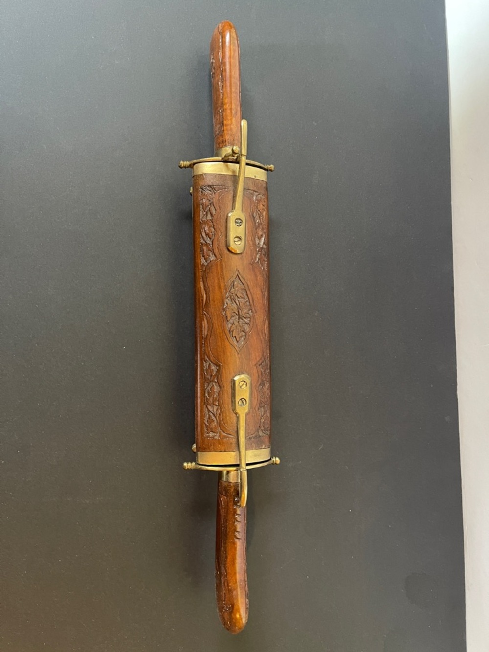 Hand Carved Wooden knife and fork in sheath with Brass Accents - made in India